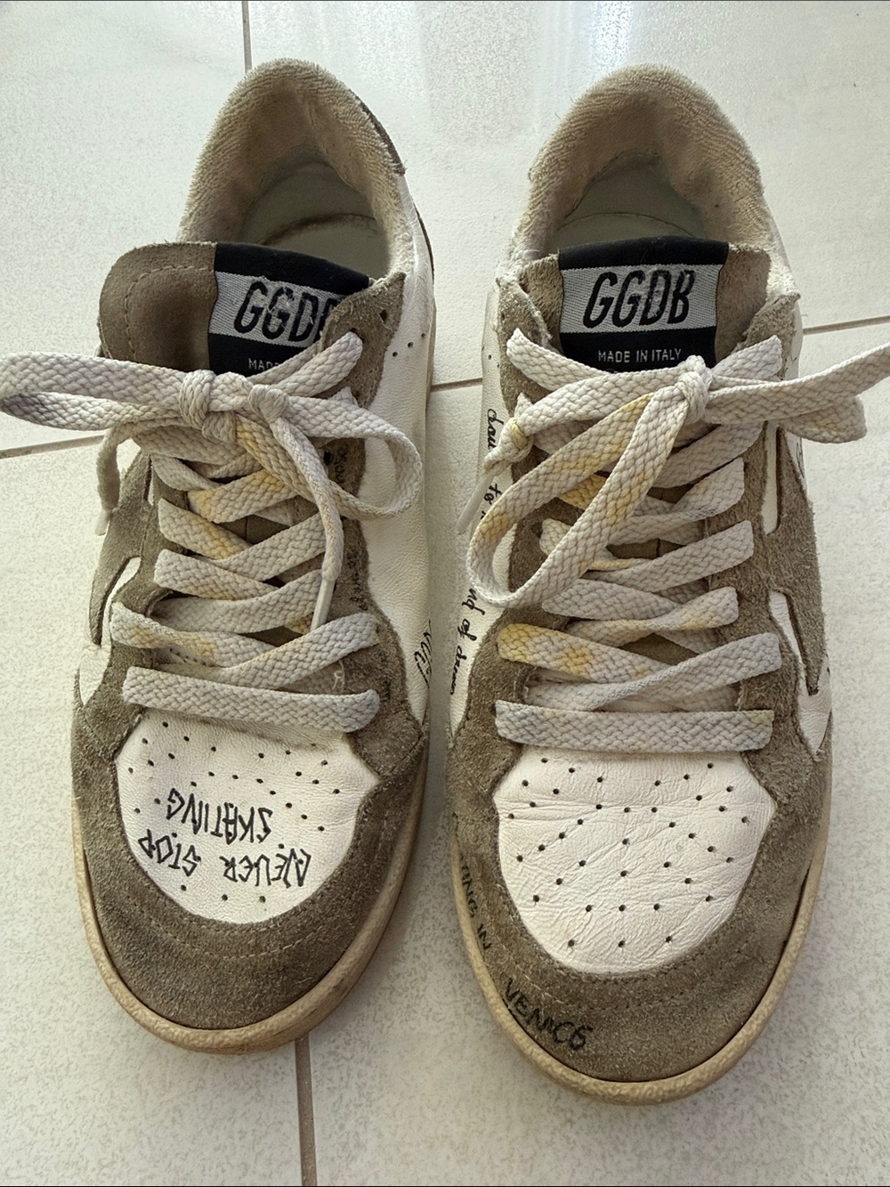 GGDB Super-Star Distressed Sneakers in White & Taupe